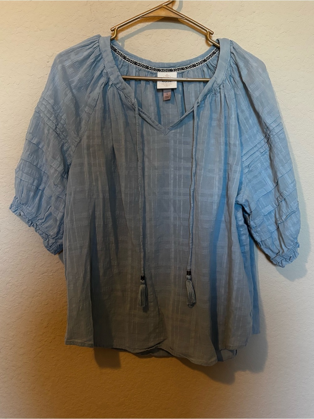 Knox Rose Womens Light Blue Boho Peasant Blouse Tassle Size Large